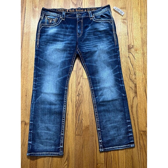 Rock Revival Men Jean Jazzy Straight Thick Stitch Blue Denim Size 44 (44x32)